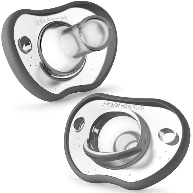 NANOBÉBÉ Nanobebe Baby Pacifiers 0-3 Month - Orthodontic, Curves Comfortably with Face Contour, Award Winning for Breastfeeding Babies, 100% Silicone, Perfect Baby Registry Gift 2pk,Grey - Image 1